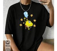 Shein Camiseta blanca de algodón de Bob Esponja para mujer. La parte delantera de esta camiseta presenta un estampado de dibujos animados de Bob Esponja sos
