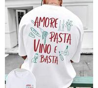 Shein Camiseta blanca de algodón puro para hombre, ideal para el verano, confeccionada a medida, con un estampado de estilo italiano <<Amore Pasta Vino E Ba