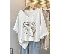 Shein Camiseta blanca de cuello en V para mujer talla grande, top casual de manga corta con estampado de gato mágico & estrella para verano