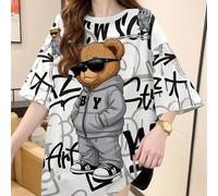 Shein Camiseta blanca de cuello redondo suelta con estampado de oso y letras, casual de verano para mujer