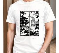 Shein Camiseta blanca de hombre con estampado de arquitectura japonesa y pájaros volando, cuello redondo, 220 g/m², para verano, de puro algodón, manga cort