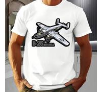 Shein Camiseta blanca de hombre con estampado del avión B-25 Mitchell, 220 g/m², algodón puro, manga corta, cuello redondo, camiseta de verano (1 pieza)