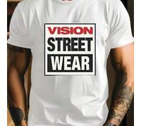 Shein Camiseta blanca de hombre con estampado VISION STREET WEAR, camiseta de cuello redondo para hombre, 220 g/m², para verano, de puro algodón, manga cort