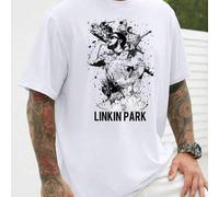 Shein Camiseta blanca de hombre con motivo de Linkin Park, camiseta de hombre con cuello redondo, 220 g/m², para el verano, fabricada en puro algodón, manga