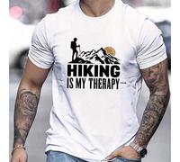 Shein Camiseta blanca de hombre con motivo de senderismo: "HIKING IS MY THERAPY", cuello redondo, 220 g/m², para verano, de puro algodón, manga corta (1 uni