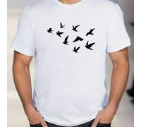 Shein Camiseta blanca de hombre con pájaros volando, camiseta de cuello redondo para hombre, 220 g/m², para verano, fabricada en puro algodón, manga corta (