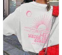 Shein Camiseta blanca de manga corta con cuello redondo, hombros caÃdos y mezcla de algodón, con eslogan rosa y estampado de sol y mapa, para mujer (prima