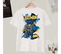Shein Camiseta blanca de manga corta con cuello redondo y hombros anchos para mujer, con estampado de dibujos animados de Batman, Superman, de Warner Bros.,