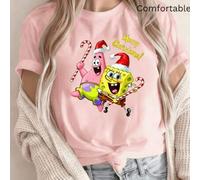 Shein Camiseta blanca de manga corta, holgada, versátil y básica de Bob Esponja con temática navideña para mujer. La espalda presenta un estampado navideño