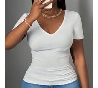 Shein Camiseta blanca de punto acanalado estrecho con cuello en V profundo, sin mangas y espalda de corredor, básica y casual para mujer de talla grande, nu
