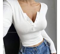 Shein Camiseta blanca de tejido de punto acanalado de talla grande, de ajuste ceñido, de manga larga, de longitud corta, con cuello redondo, media cartera,