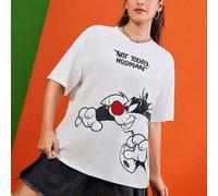 Shein Camiseta blanca holgada de manga caída con estampado de gato de dibujos animados y eslogan para mujer de talla grande, verano