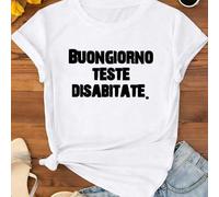 Shein Camiseta blanca informal - Estampado 'Buongiorno Teste Disabitate' 100% algodón Camiseta de mujer de corte holgado, Top de verano, Serie K-Pop Warrior