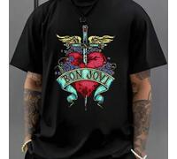 Shein Camiseta Bon Jovi Heart Graphic, cuello redondo para hombre, 220 g/m², verano, algodón puro, manga corta (1 unidad)