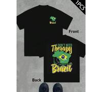 Shein Camiseta Brazil Holiday Therapy para hombre con estampado a doble cara, moderna, informal, cuello redondo, 220 g/m², algodón puro (1 unidad)