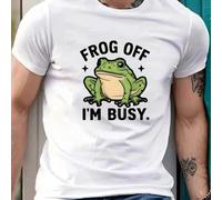 Shein Camiseta casual con estampado de rana: FROG OFF I'M BUSY, camiseta de cuello redondo para hombre, 220 g/m², para verano, confeccionada en puro algodón