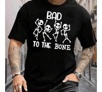 Shein Camiseta casual de algodón para hombre con estampado de esqueleto bailando, cuello redondo, manga corta, gráfico Bad to the Bone, perfecta para fiesta