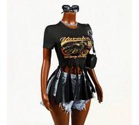 Shein Camiseta casual de manga corta con cuello redondo, dobladillo irregular, estampado de dígitos y letras "Good Things Are Coming" y borlas anudadas para