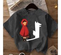 Shein Camiseta casual de manga corta con cuello redondo para primavera, verano y otoño, con una imagen de Caperucita Roja en estilo de dibujos animados en e