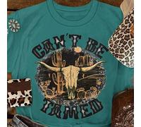 Shein Camiseta casual de manga corta con cuello redondo y estampado al estilo western cowboy "CAN'T BE TAMED" para mujer
