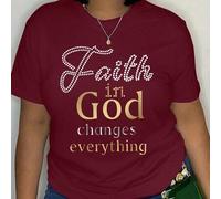 Shein Camiseta casual de manga corta con estampado inspirador "La fe en Dios lo cambia todo" para mujeres de talla grande, ropa deportiva de moda para el ve