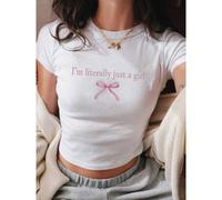 Shein Camiseta casual de manga corta para mujer con escote redondo, detalle de lazo y estampado de texto "I'm Literally Just A Girl" para el verano
