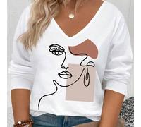 Shein Camiseta casual de manga larga con cuello en V y estampado de retrato geométrico para mujer, talla grande, éxito de en otoño/invierno