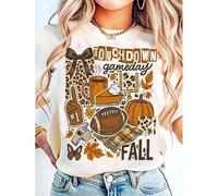 Shein Camiseta casual de mujer con cuello redondo y manga corta con estampado de collage de fútbol de otoño, día del juego, fútbol bohemio floral, temporada