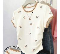 Shein Camiseta casual de mujer con estampado de cerezas, nueva moda de verano, diseño versátil, adecuada para volver al colegio, atuendo dulce, fotografía c