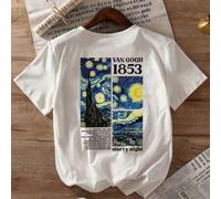 Shein Camiseta casual de mujer con estampado tributo a la pintura "La noche estrellada" de Van Gogh y gráfico numérico 1853, cómoda de manga corta y cuello