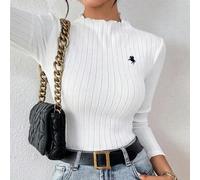 Shein Camiseta casual de mujer de cuello redondo de manga larga con 92% de algodón, con bordado de caballo, estilo "Old Money", de rayas básicas de ajuste c