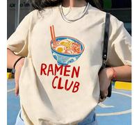 Shein Camiseta casual de mujer de cuello redondo y manga corta, con estampado divertido de un tazón de ramen japonés y el texto en negrita "RAMEN CLUB", sua