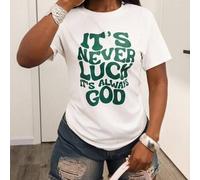 Shein Camiseta casual de mujer de cuello redondo y manga corta para el verano con estampado de eslogan "NUNCA ES SUERTE, SIEMPRE ES DIOS"