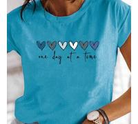 Shein Camiseta casual de mujer de manga corta color azul claro con estampado de corazón "One Day At A Time" - Tejido de poliéster suave, cuello redondo, lav