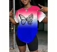 Shein Camiseta casual de mujer de manga corta con cuello redondo y estampado de mariposa, camiseta gráfica para mujer