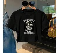 Shein Camiseta casual de mujer de manga corta y cuello redondo con estampa de calavera y letras, ideal para el verano