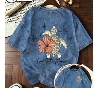 Shein Camiseta casual de mujer talla grande con estilo de vacaciones "Vive el momento" con estampado de tortuga marina a doble cara, cuello redondo, lavado