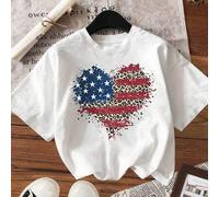 Shein Camiseta casual de talla grande con estampado de estrellas y rayas, estampado de leopardo y corazón, elementos del Día de la Independencia