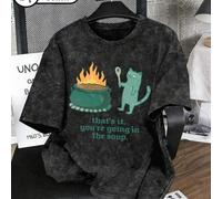 Shein Camiseta casual de talla grande para mujer con estampado de gato "You're Going Into The Soup", cuello redondo lavado vintage, camiseta gráfica negra d