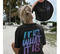 Shein Camiseta casual de talla grande para mujer, estampado de letras "Go With The Flow", cuello redondo relajado, diseño gráfico de doble cara, negro de ve