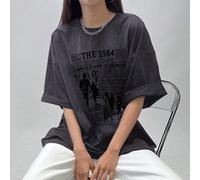 Shein Camiseta casual de verano para mujer con ajuste informal, cuello redondo y mangas de hombros caídos, con estampado de lema y personaje "CHERISH A HOPE