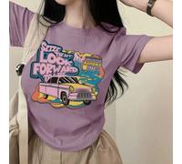 Shein Camiseta casual de verano para mujer con estampado de coche y eslogan, manga corta, cuello redondo, camiseta gráfica, atuendos de maestro