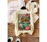 Shein Camiseta casual de verano para mujer: Estampado de leopardo misterioso, cuello redondo, manga corta - Camiseta gráfica de estilo vintage