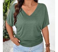Shein Camiseta casual de verano para mujer talla grande con cuello en V, mangas cortas tipo murciélago y bajo con volantes en unicolor para vacaciones
