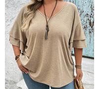 Shein Camiseta casual holgada de talla grande para mujer, de unicolor, escote en V y hombros caídos, Curve Plus, Hoho Vacation
