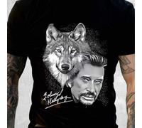 Shein Camiseta casual para hombre, 100 % algodón, con estampados de Johnny Hallyday y el Lobo de Ojos Azules. Estilo urbano elegante, corte cómodo, perfecta