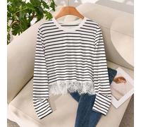Shein Camiseta casual para mujer para casa y vacaciones, de verano y otoño, holgada, a rayas, con ribete de encaje y patchwork, manga larga, en blanco y neg