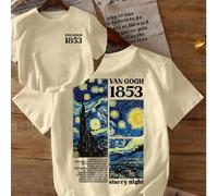 Shein Camiseta casual para mujer, tributo a la obra maestra de Van Gogh "La noche estrellada" y patrón numérico de 1853, cómoda y versátil para primavera/ve
