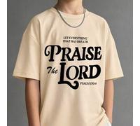 Shein Camiseta casual para niños con estampado cristiano, parte superior de corte holgado con impresión "Alabad al Señor" Salmo 150:6, tela cómoda para el r