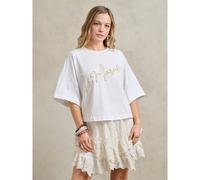 Shein Camiseta casual suelta de cuello redondo con hombros caídos, bordada a ganchillo, "Le Marais París Francia" - Camiseta de vacaciones, camiseta de ciud